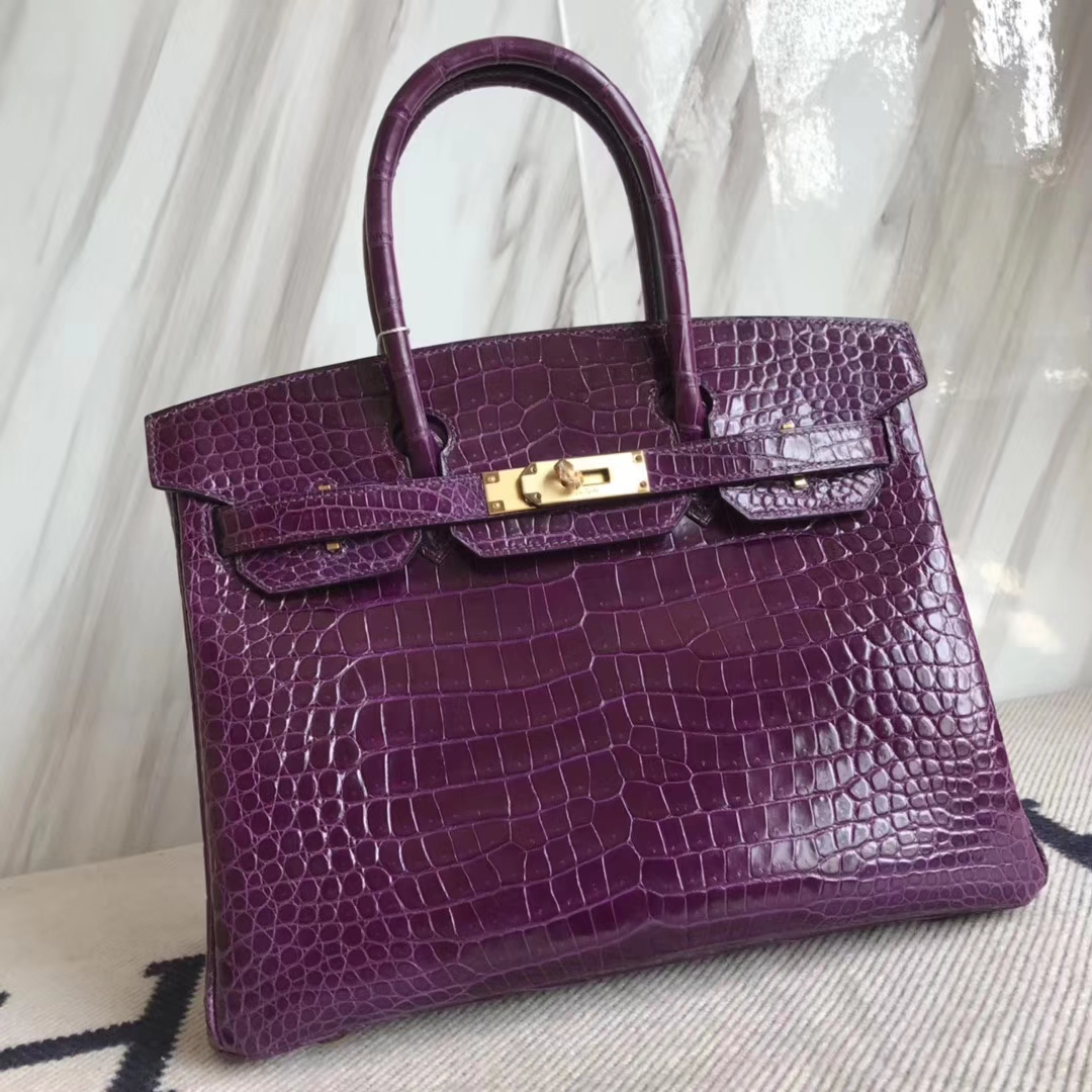 Luxury Hermes 9G Amethyst Purple Shiny Crocodile Leather Birkin30CM Bag ...