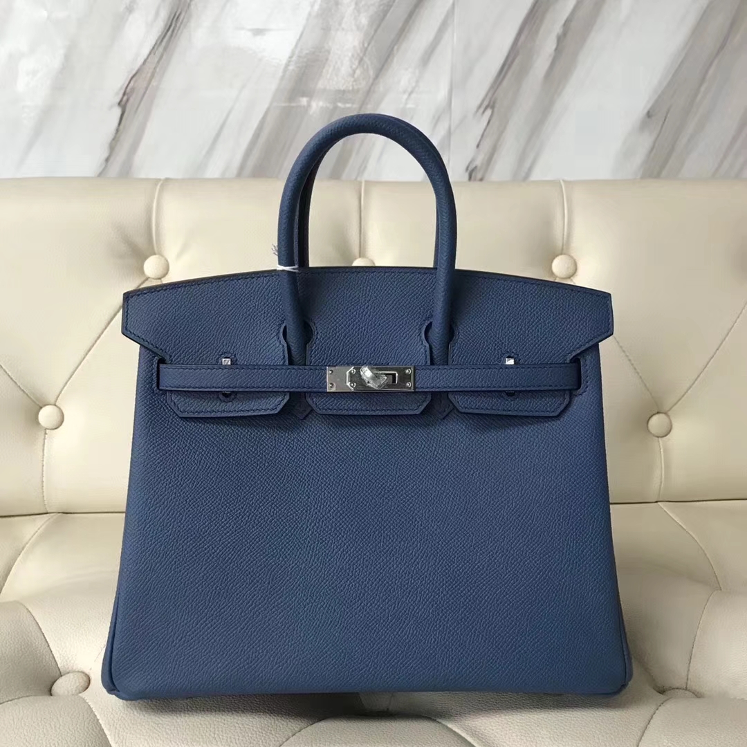 Fashion Hermes Epsom Calf Leather Birkin25CM Bag in 7E Haze Blue Silver ...