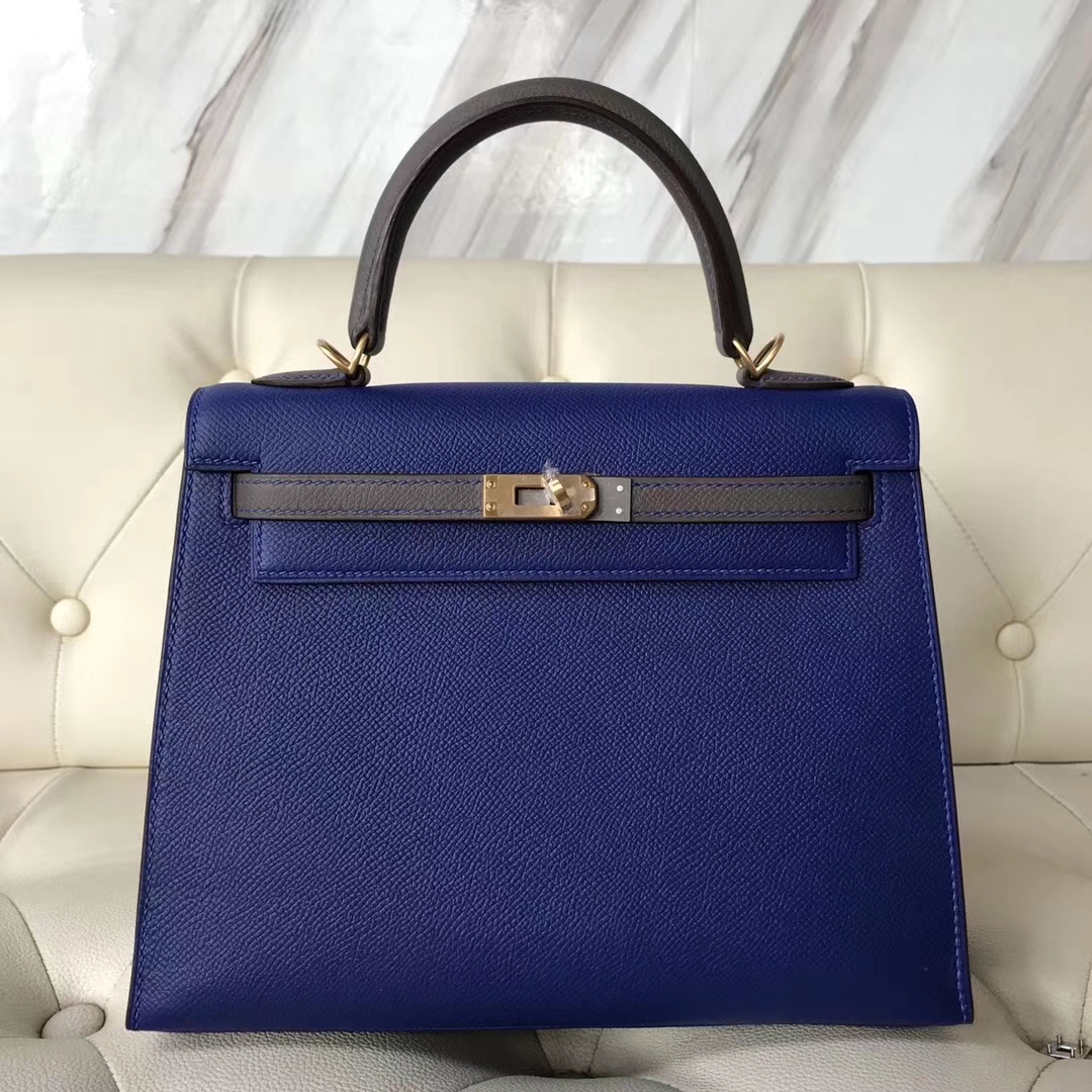 Luxury Hermes 7T Blue Electric/8F Etain Grey Epsom Calf Kelly25CM Bag ...