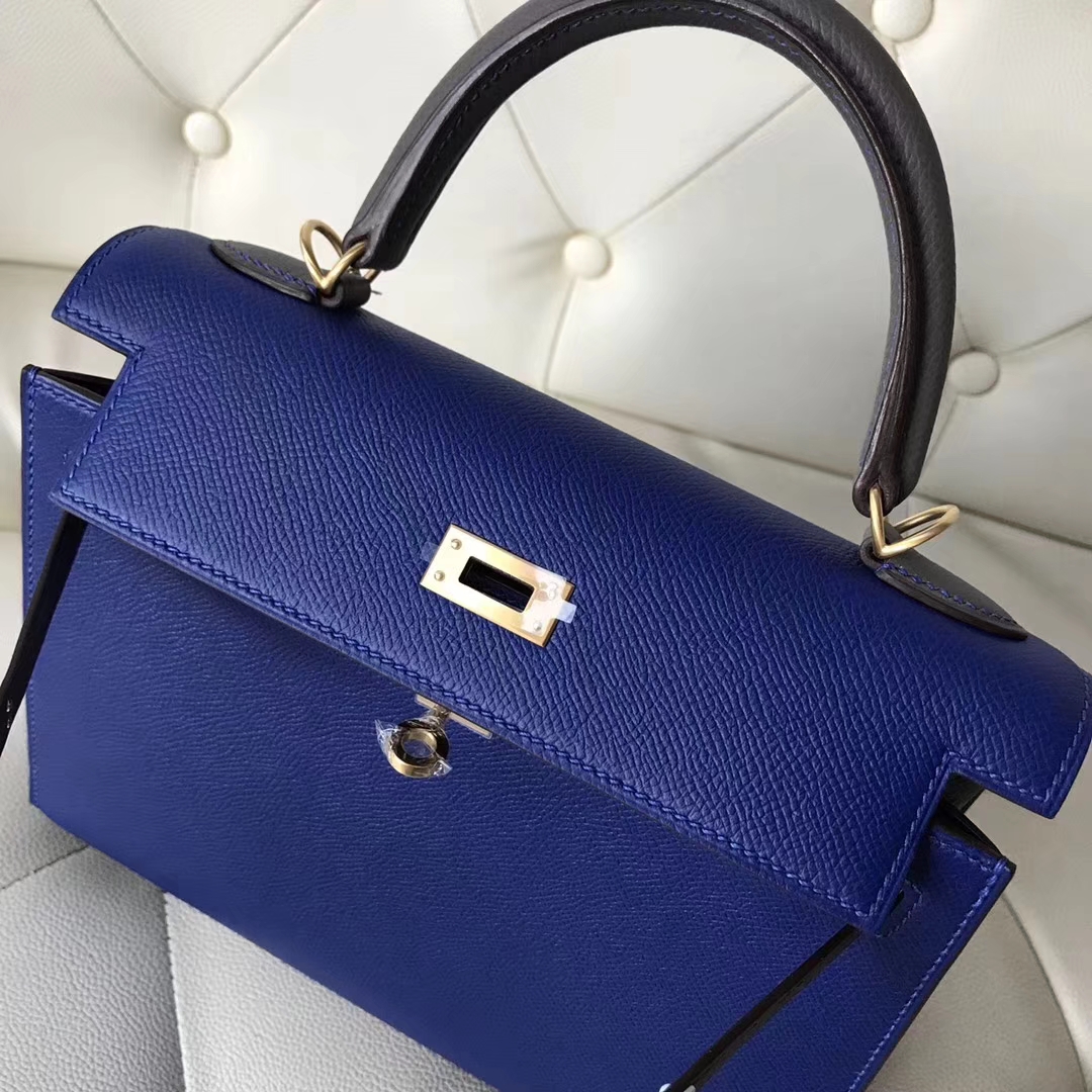 Luxury Hermes 7T Blue Electric/8F Etain Grey Epsom Calf Kelly25CM Bag