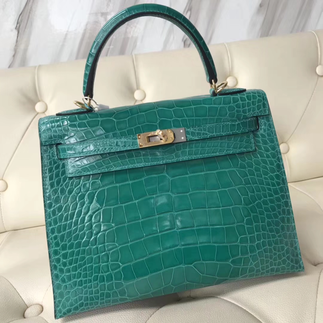 Discount Hermes Shiny Crocodile Kelly Bag25CM in 6Q Emerald Green Gold