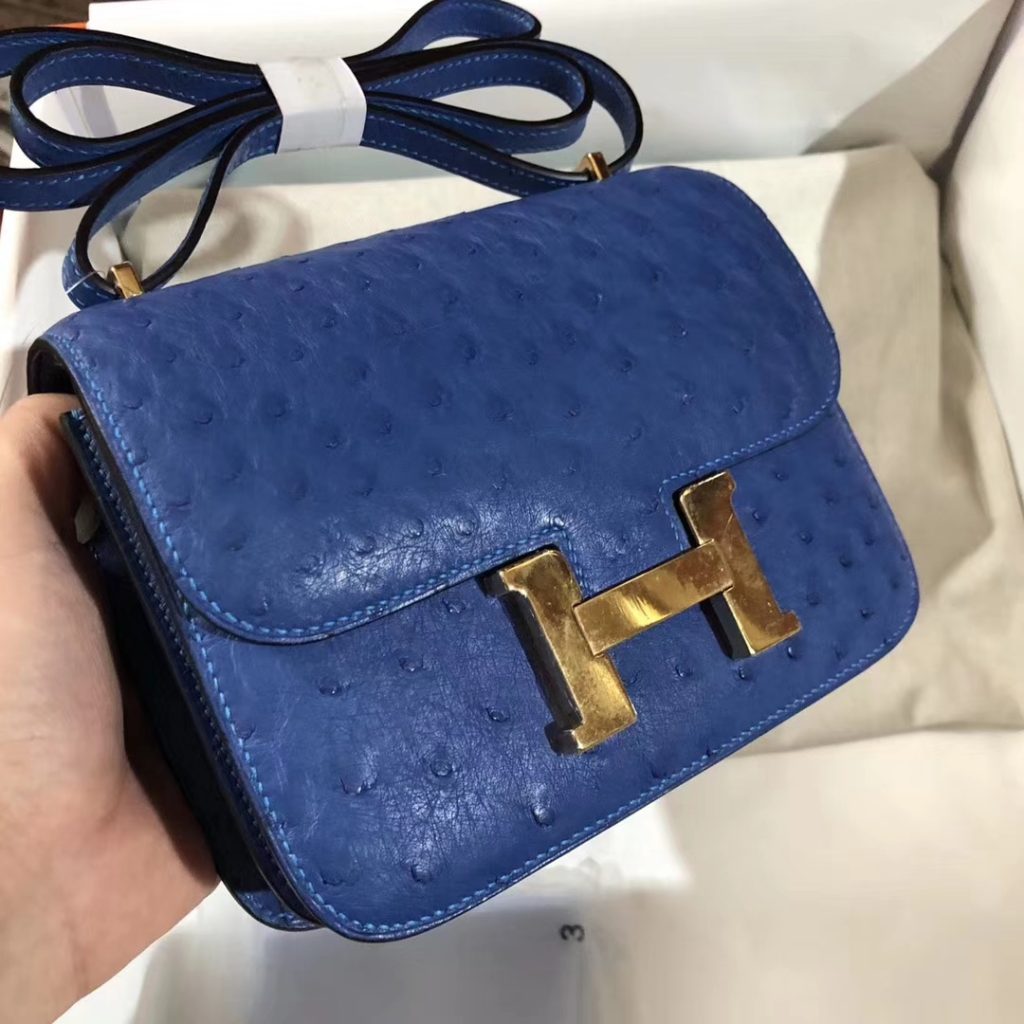 Luxury Hermes Ostrich Leather Constance Shoulder Bag19CM in 7Q Blue