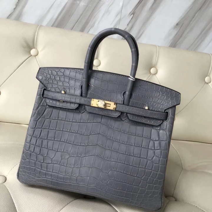 Elegant Hermes Mousse Grey Matt Crocodile Leather Birkin25CM Bag Gold ...