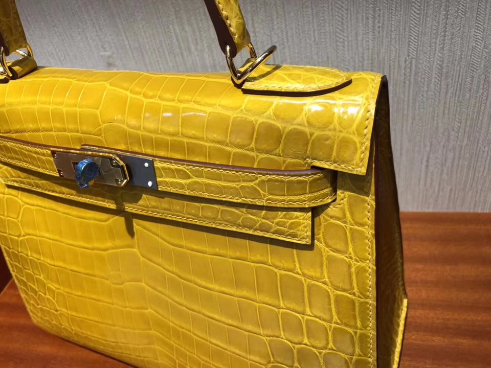 Luxury Hermes Shiny Crocodile Kelly Bag28CM in 9D Ambre Yellow Gold Hardware H Factory Birkin