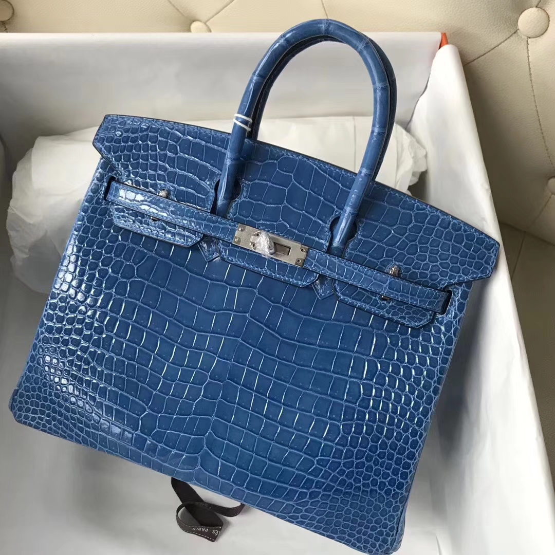 Luxury Hermes 7Q Mykonos Blue Shiny Crocodile Birkin Bag25CM Gold ...