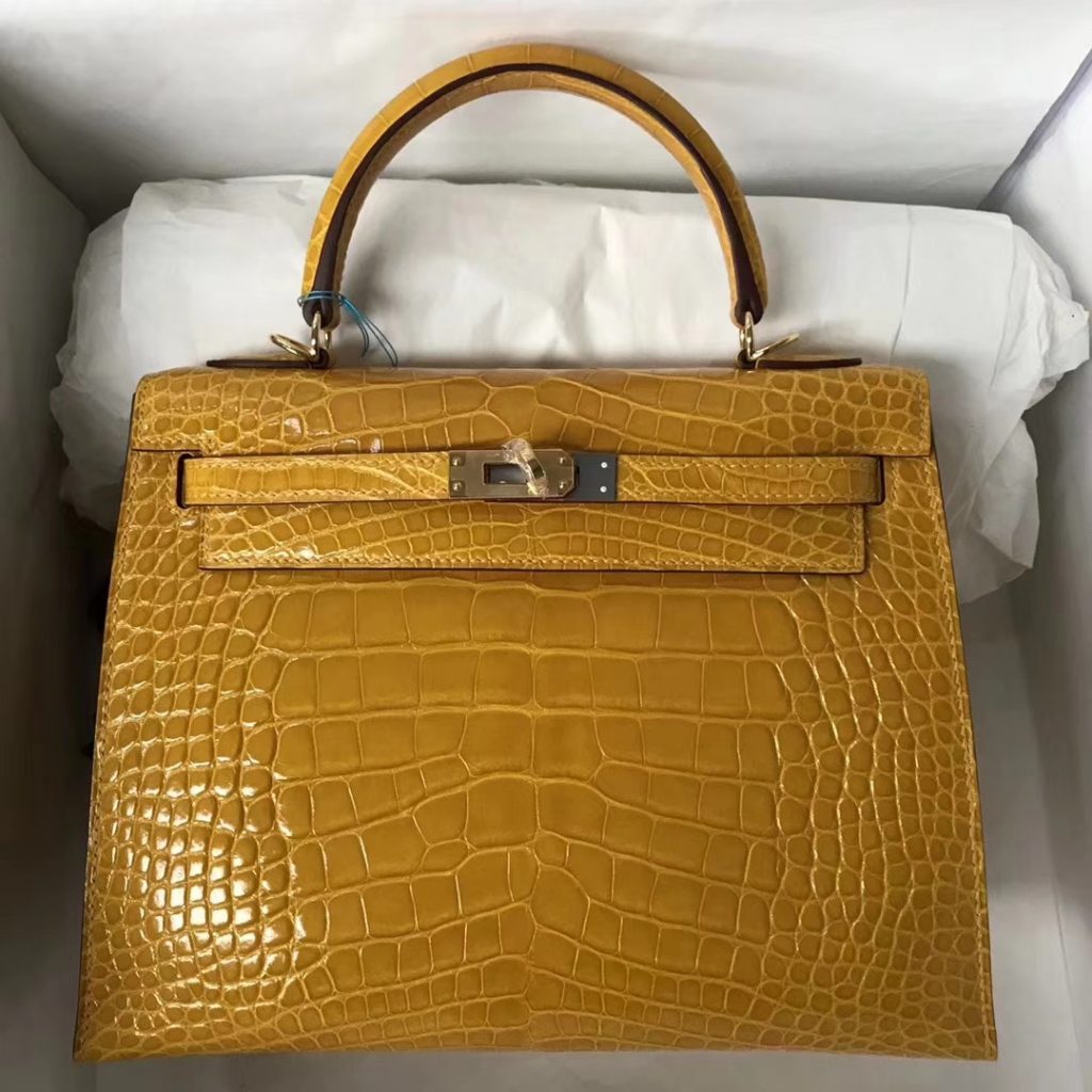 Discount Hermes 9D Ambre Yellow Shiny Crocodile Kelly Bag25CM Gold Hardware H Factory Birkin