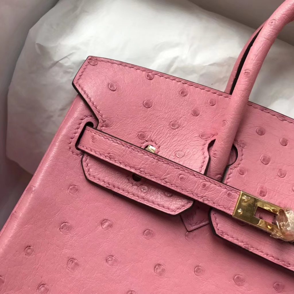 Pretty Hermes 1Q Rose Confetti Ostrich Leather Birkin Bag25CM Gold