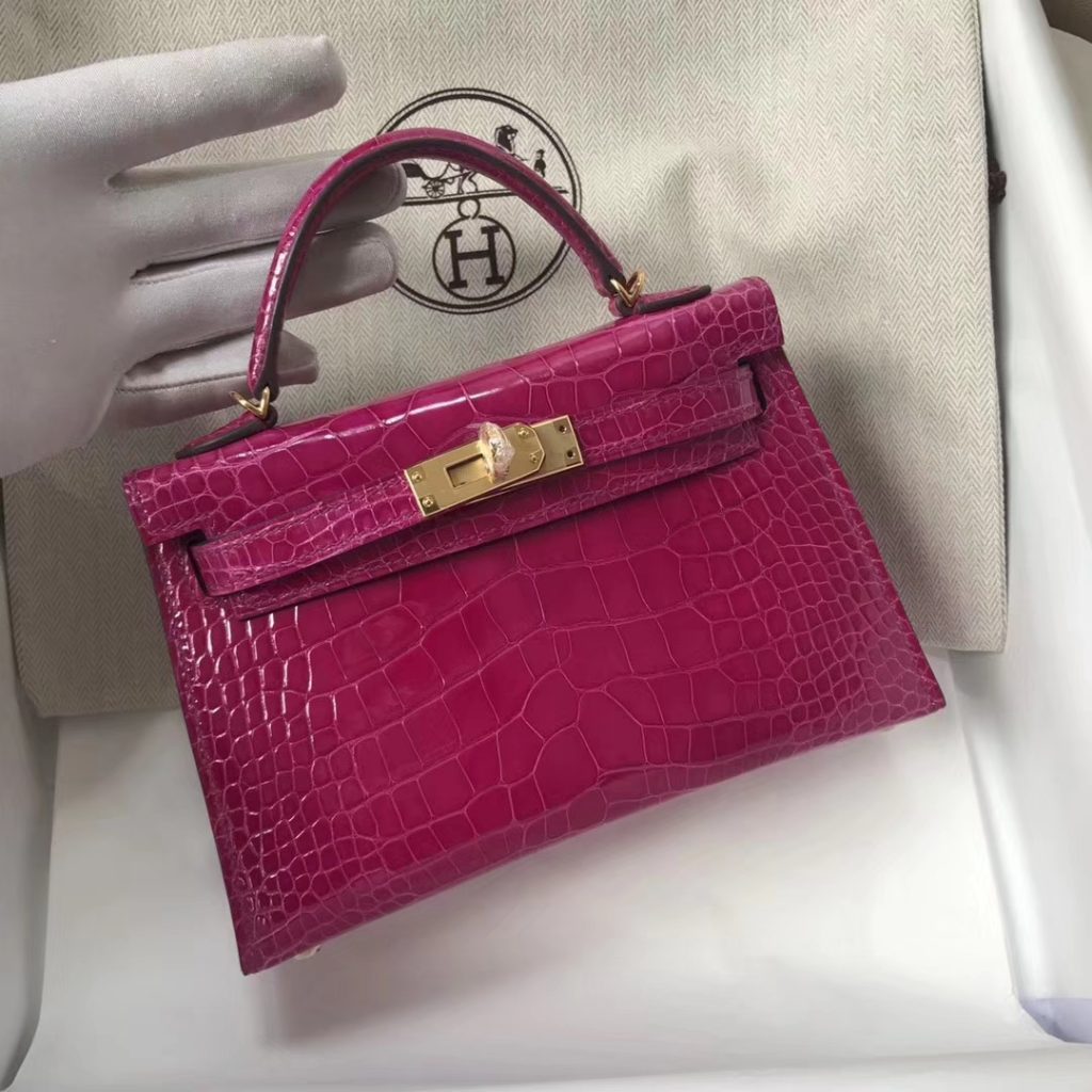 Luxury Hermes J5 Rose Scheherazade Shiny Crocodile Minikelly-2 Evening ...