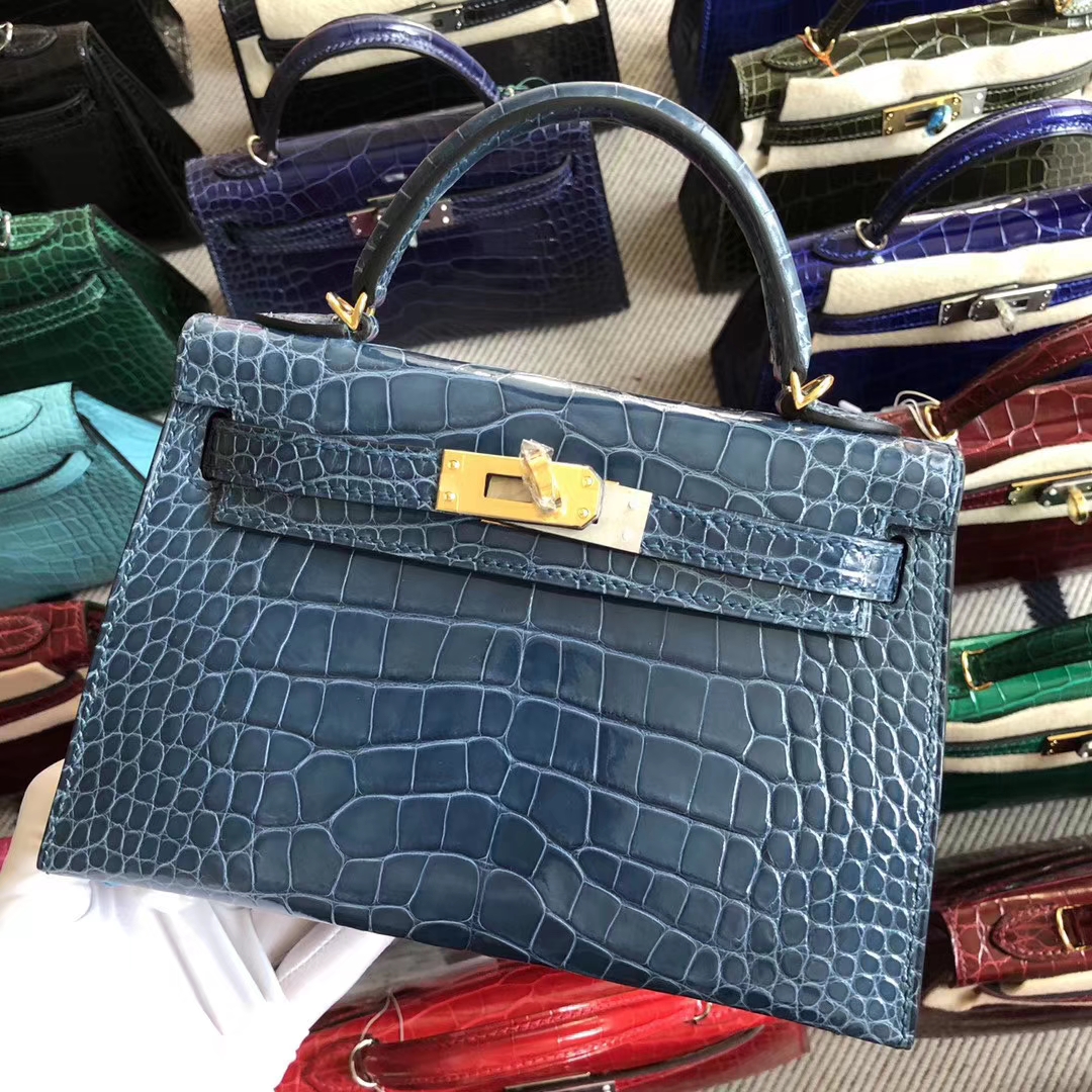 Stock Hermes N7 Blue Tempete Shiny Crocodile Minikelly-2 Gold Hardware ...